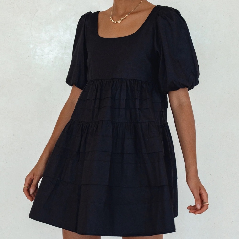 ELF Andrea Babydoll Mini Dress Black Sz XXL Puff Sleeve Smocked,Tiered, Ruffle.